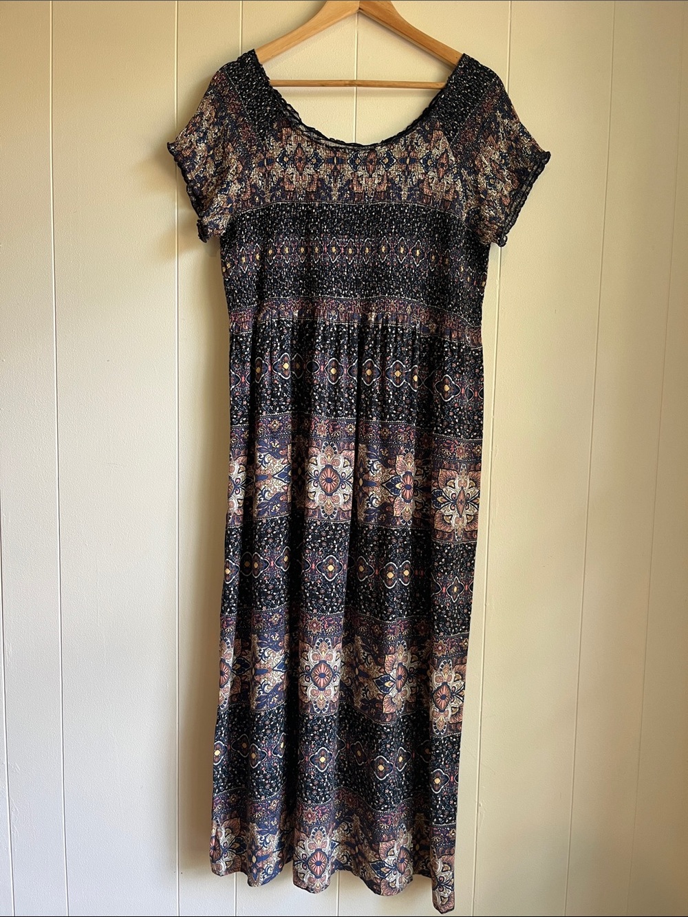 Soft Surroundings Marcelo Navy Maxi Smocked Office Medallion Boho Dress Sz XLP